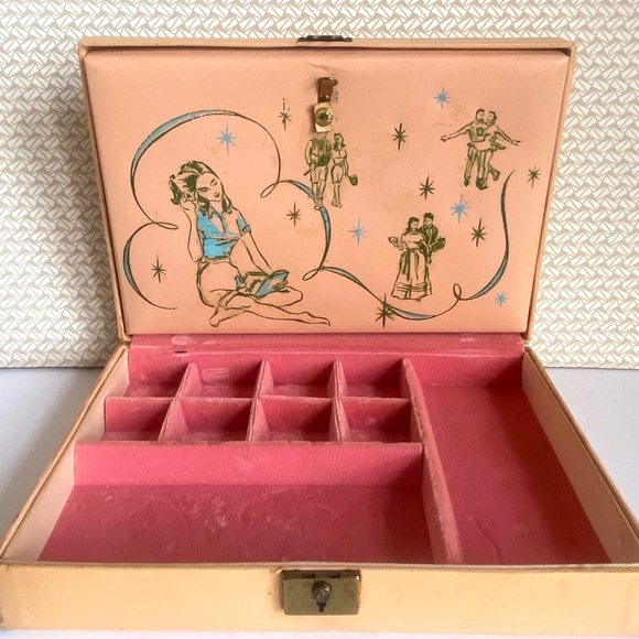 SOLD RARE 60s Jewelry Box Vintage Princess Pink Velvet Lined Retro Atomic Starbu - Picture 2 of 8